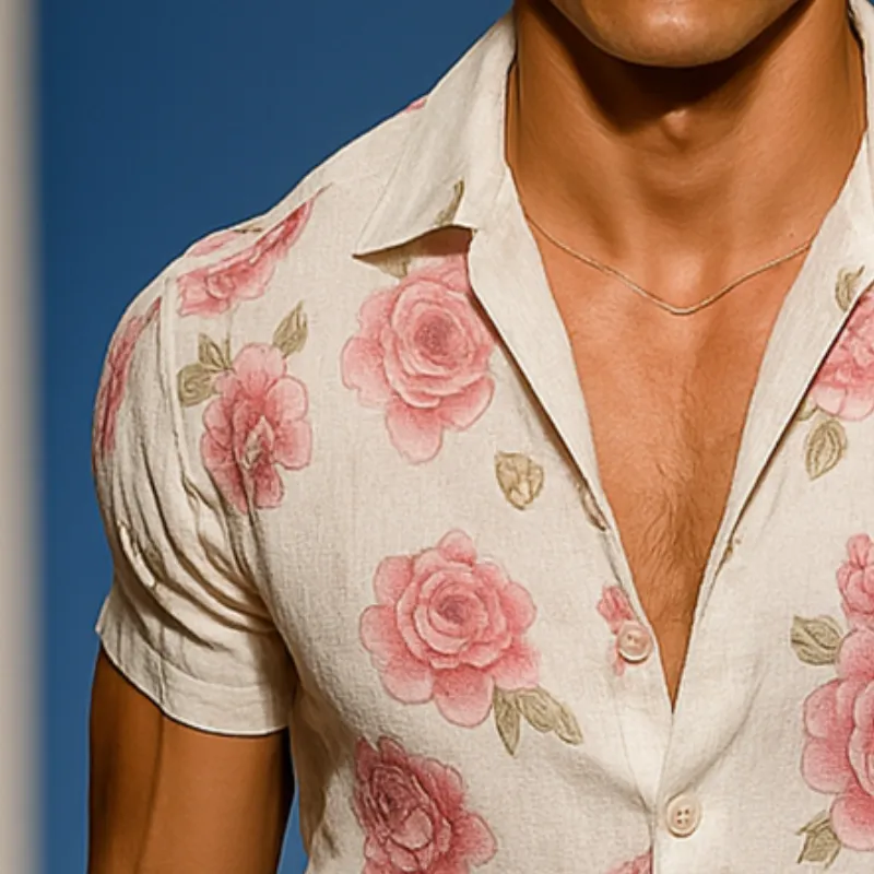 Men's Vintage Casual Floral Print Linen Lapel Short Sleeve Shirt MTA2024E3TO sold by Manly product image thumbnail 3