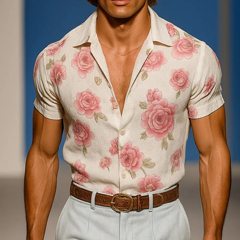 Men's Vintage Casual Floral Print Linen Lapel Short Sleeve Shirt MTA2024E3TO sold by Manly product image thumbnail 2