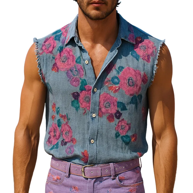 Men's Vintage Casual Floral Print Linen Raw Edge Lapel Sleeveless Shirt MTA2061E3TO sold by Manly