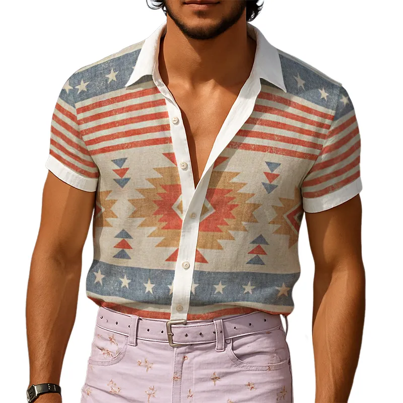 Men's Retro Western Cowboy Style Star Print Lapel Short Sleeve Shirt MTA2083E9TO sold by Manly