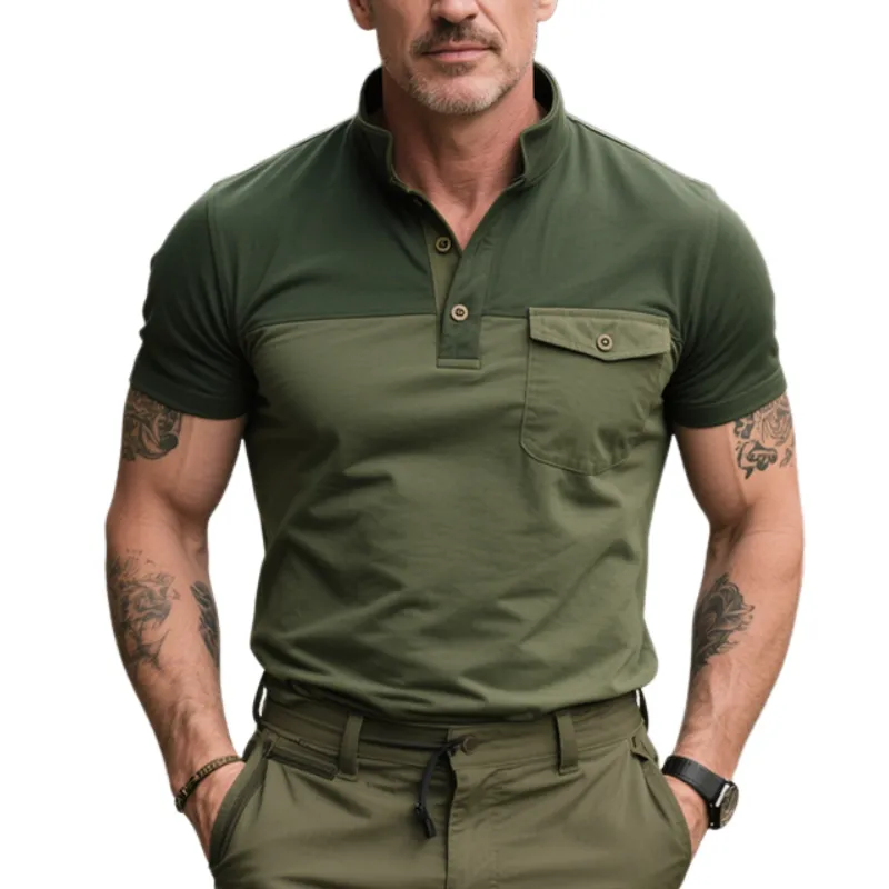 Men's Retro Casual Cotton Outdoor Stand Collar Short Sleeve T-Shirt MTA1465E9TO sold by Manly