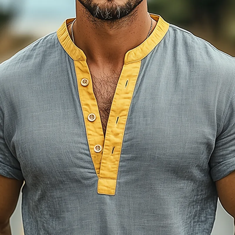 Men's Spring And Summer Fashion Casual Cotton And Linen Henry Collar Stitching Cotton Blended Slim Short-sleeved T-shirt MTA2032E8K sold by Manly product image thumbnail 4