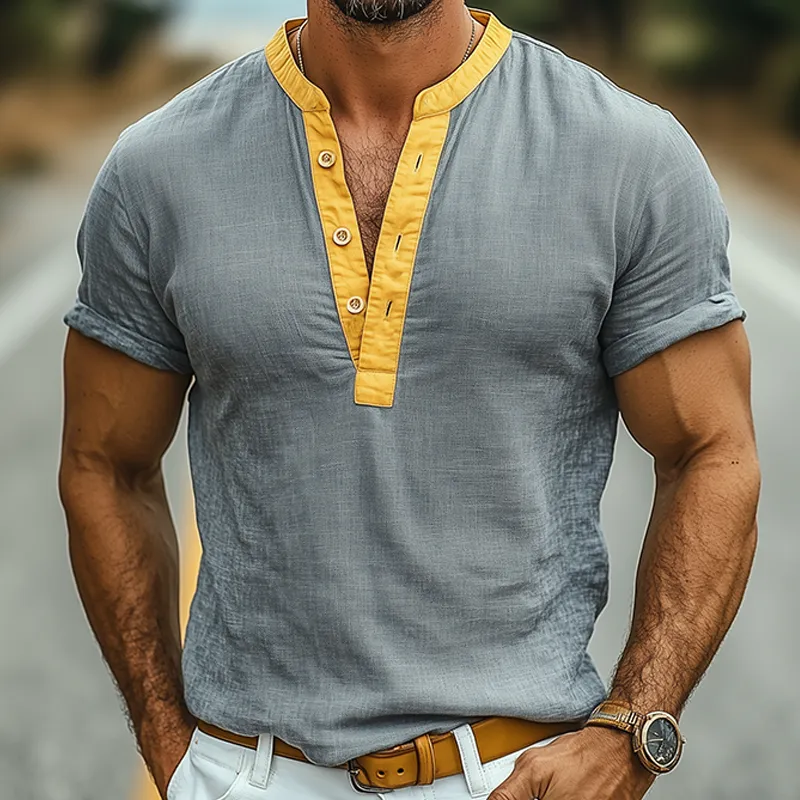 Men's Spring And Summer Fashion Casual Cotton And Linen Henry Collar Stitching Cotton Blended Slim Short-sleeved T-shirt MTA2032E8K sold by Manly product image thumbnail 3