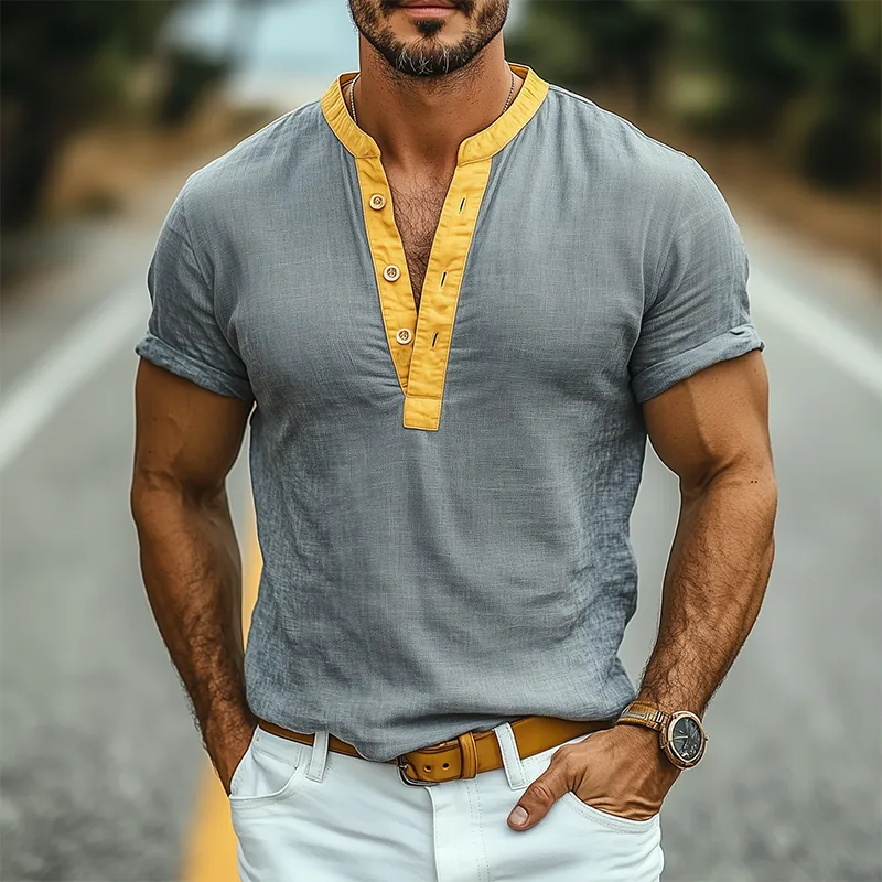 Men's Spring And Summer Fashion Casual Cotton And Linen Henry Collar Stitching Cotton Blended Slim Short-sleeved T-shirt MTA2032E8K sold by Manly product image thumbnail 2