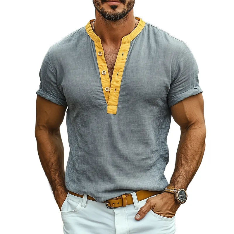Men's Spring And Summer Fashion Casual Cotton And Linen Henry Collar Stitching Cotton Blended Slim Short-sleeved T-shirt MTA2032E8K sold by Manly