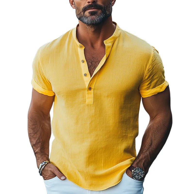 Men's Spring And Summer Fashion Casual Cotton And Linen Tough Guy Henry Collar Slim Short-sleeved T-shirt MTA2031E4K sold by Manly