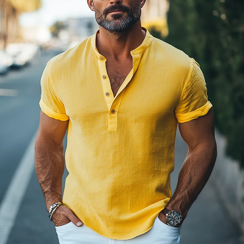 Men's Spring And Summer Fashion Casual Cotton And Linen Tough Guy Henry Collar Slim Short-sleeved T-shirt MTA2031E4K sold by Manly product image thumbnail 3