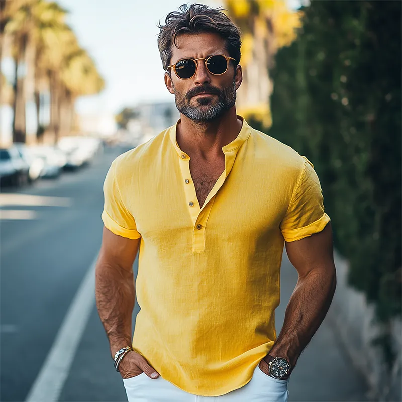 Men's Spring And Summer Fashion Casual Cotton And Linen Tough Guy Henry Collar Slim Short-sleeved T-shirt MTA2031E4K sold by Manly product image thumbnail 2