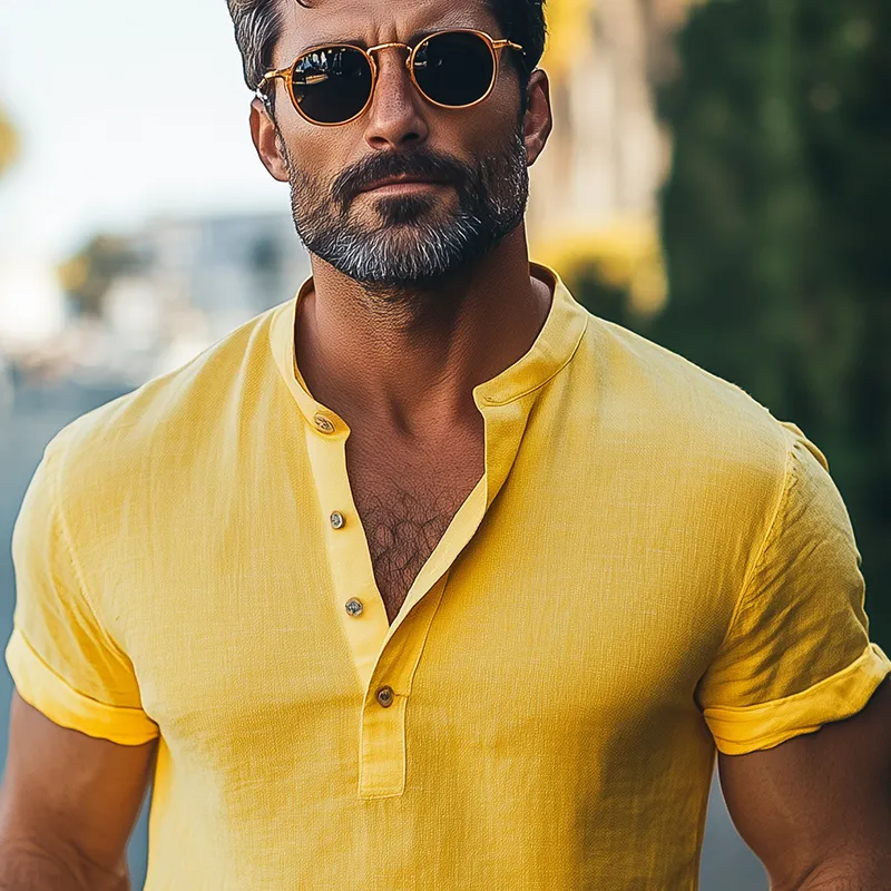 Men's Spring And Summer Fashion Casual Cotton And Linen Tough Guy Henry Collar Slim Short-sleeved T-shirt MTA2031E4K sold by Manly product image thumbnail 4