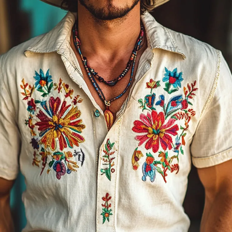 Men's Vintage Embroidered Short Sleeve Lapel Shirt MTA2069E4X sold by Manly product image thumbnail 3