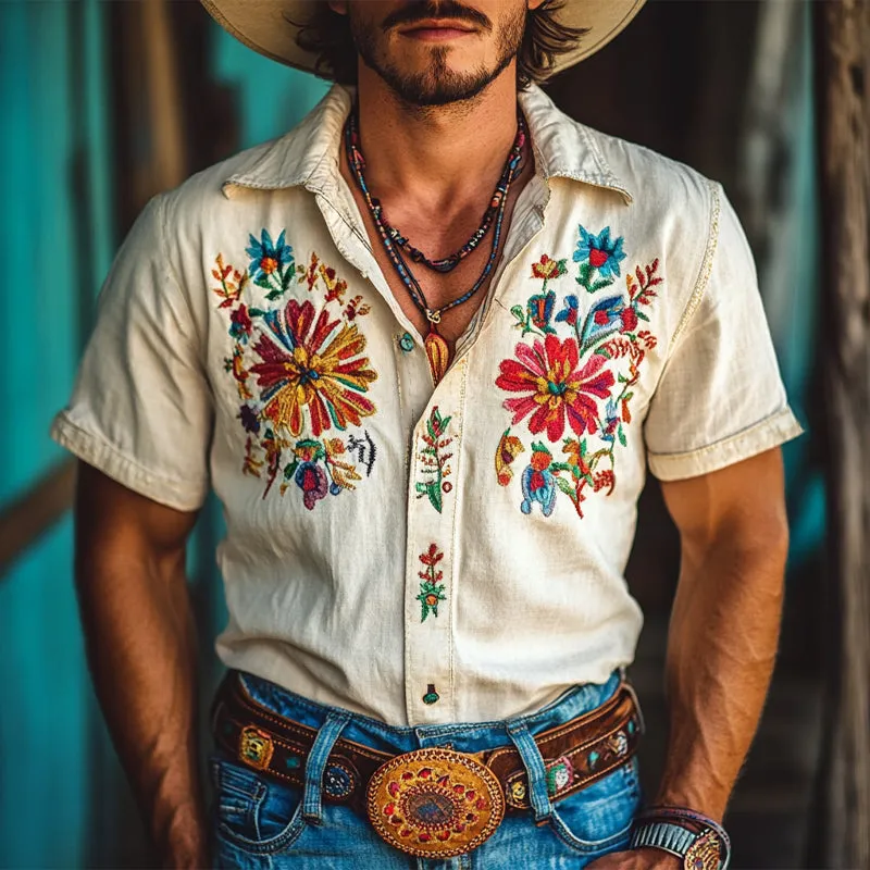 Men's Vintage Embroidered Short Sleeve Lapel Shirt MTA2069E4X sold by Manly product image thumbnail 2