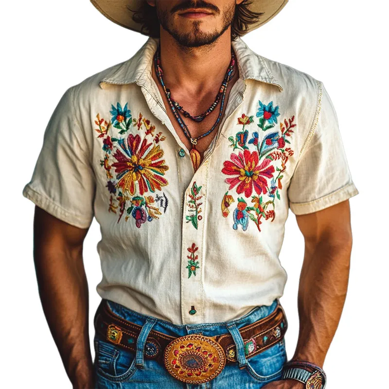 Men's Vintage Embroidered Short Sleeve Lapel Shirt MTA2069E4X sold by Manly