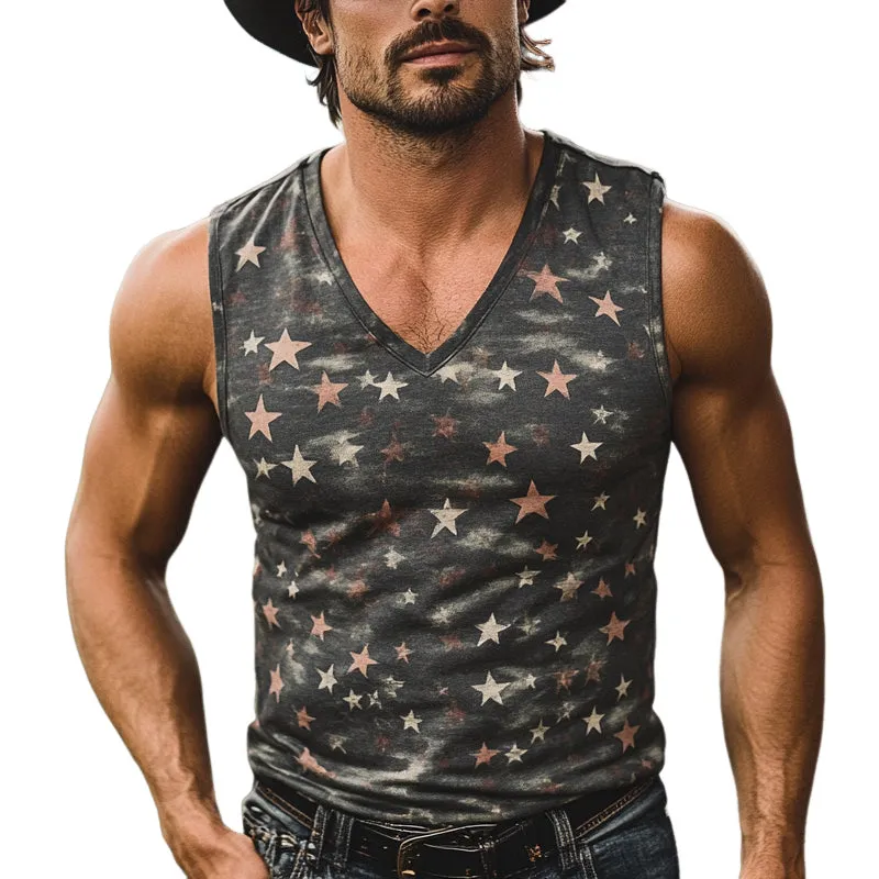 Men's Vintage Star Print V-Neck Tank Tops MTA2085E6X sold by Manly
