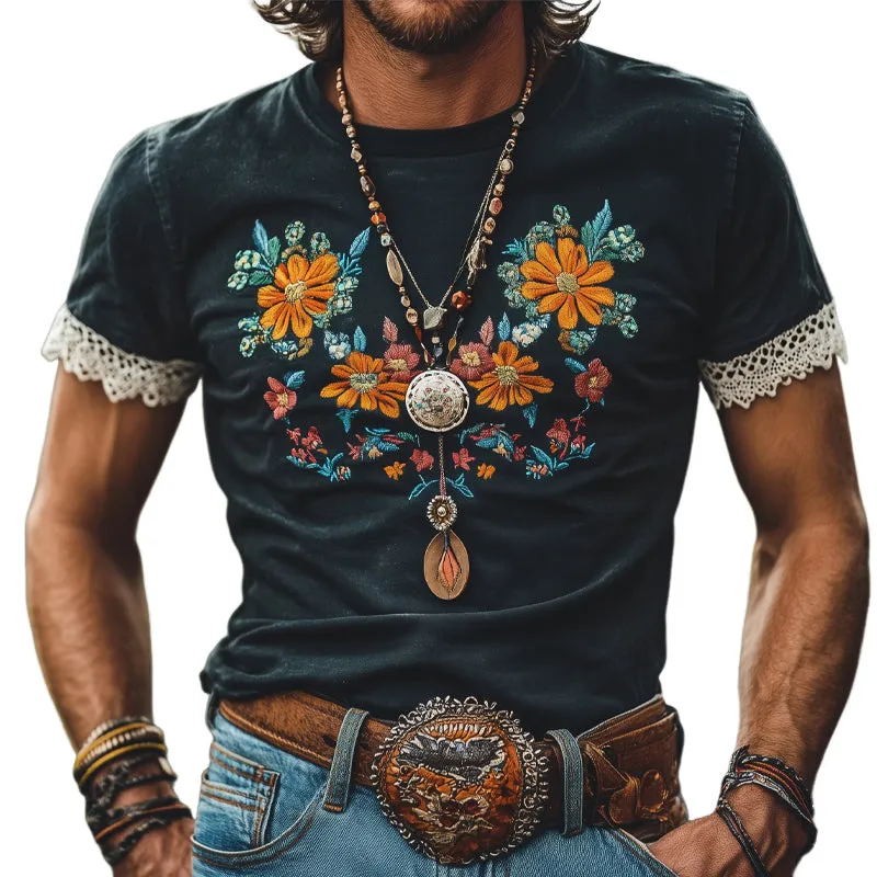 Men's Vintage Embroidered Round Neck Short Sleeve Lace T-Shirt MTA2003E1X sold by Manly