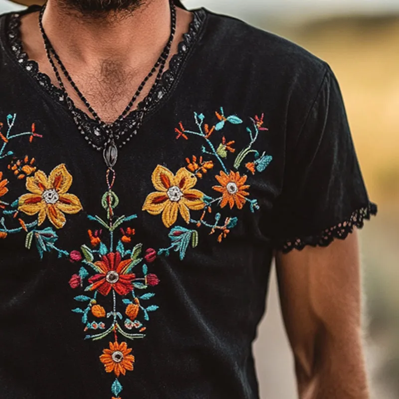 Men's Western Embroidery Lace Short Sleeve T-Shirt MTA2004E1X sold by Manly product image thumbnail 4