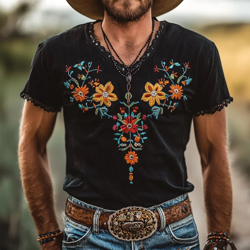 Men's Western Embroidery Lace Short Sleeve T-Shirt MTA2004E1X sold by Manly product image thumbnail 2