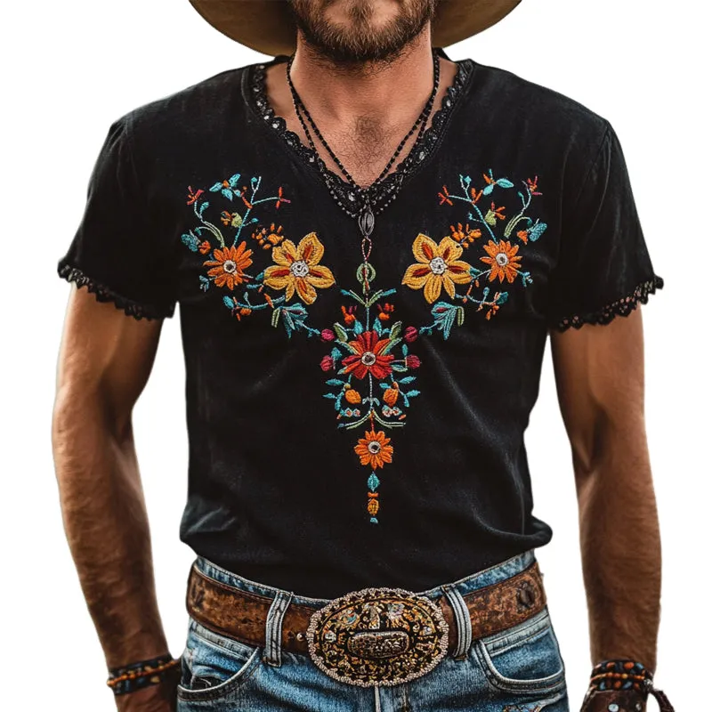 Men's Western Embroidery Lace Short Sleeve T-Shirt MTA2004E1X sold by Manly