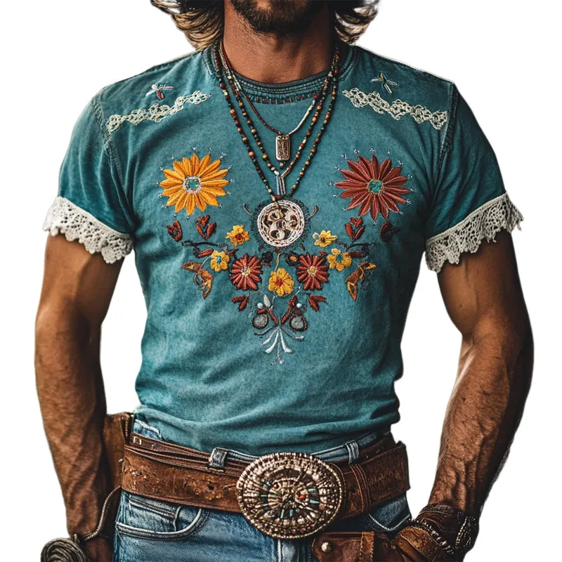 Men's Western Cowboy Embroidery Lace Short Sleeve T-Shirt MTA2073E2X sold by Manly