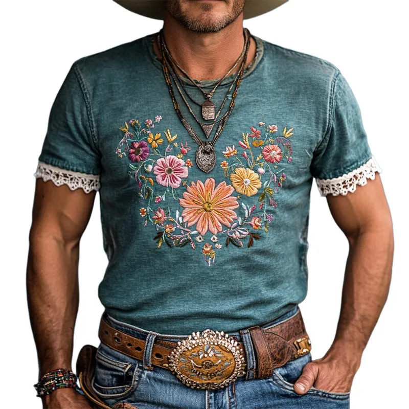 Men's Vintage Western Cowboy Embroidery Lace Short Sleeve T-Shirt MTA2048E2X sold by Manly