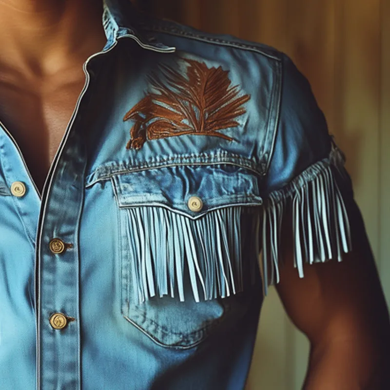 Men's Summer Tassel Embroidered Denim Short Sleeve Shirt MTA1467E0U sold by Manly product image thumbnail 3