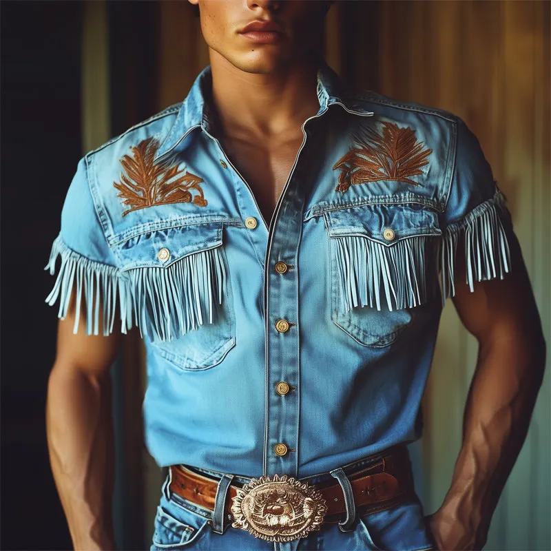 Men's Summer Tassel Embroidered Denim Short Sleeve Shirt MTA1467E0U sold by Manly product image thumbnail 2