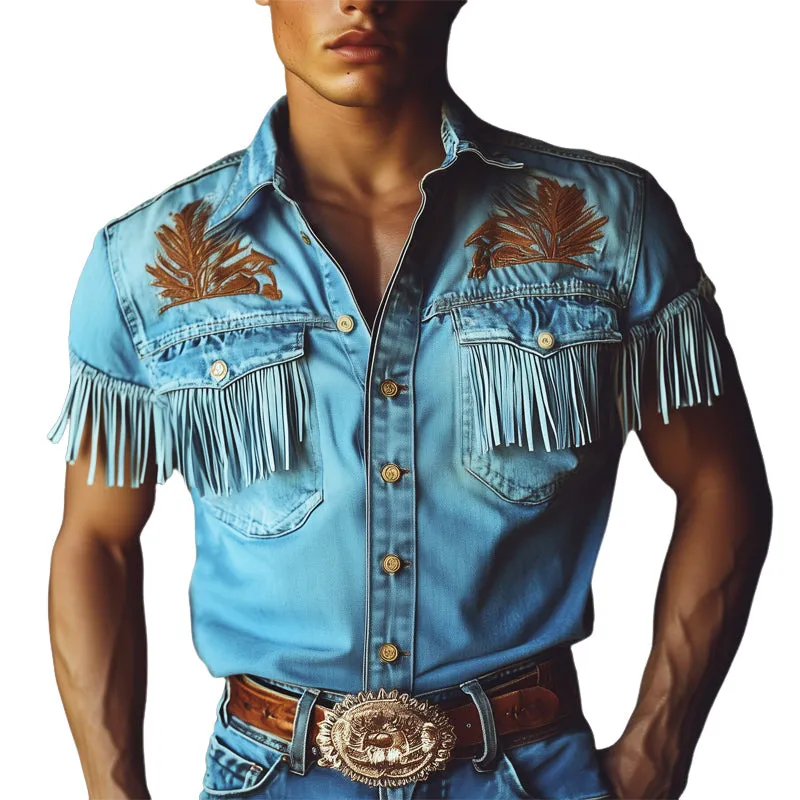 Men's Summer Tassel Embroidered Denim Short Sleeve Shirt MTA1467E0U sold by Manly