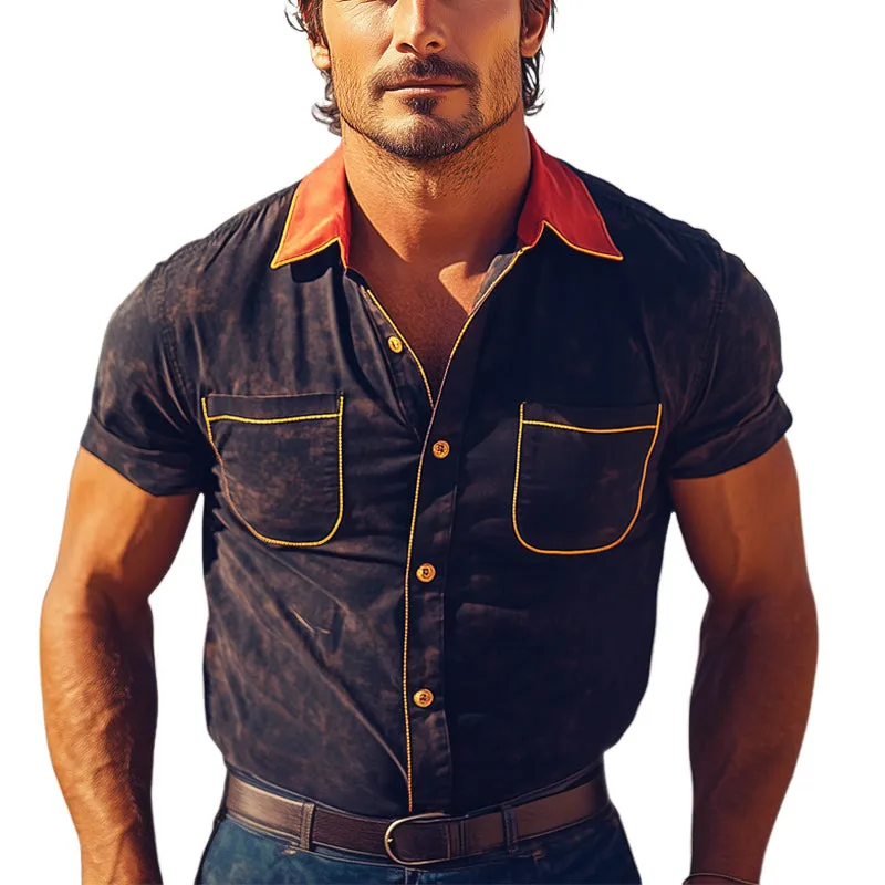 Men's Summer Western Cowboy Style Printed Colorblock Short-Sleeved Shirt MTA1693E6U sold by Manly