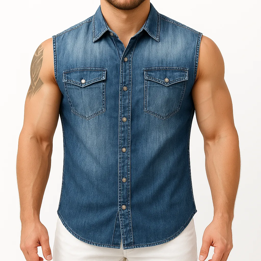 Men's Summer Western Cowboy Style Simple Washed Denim Sleeveless Shirt MTA1927E0P sold by Manly product image thumbnail 2