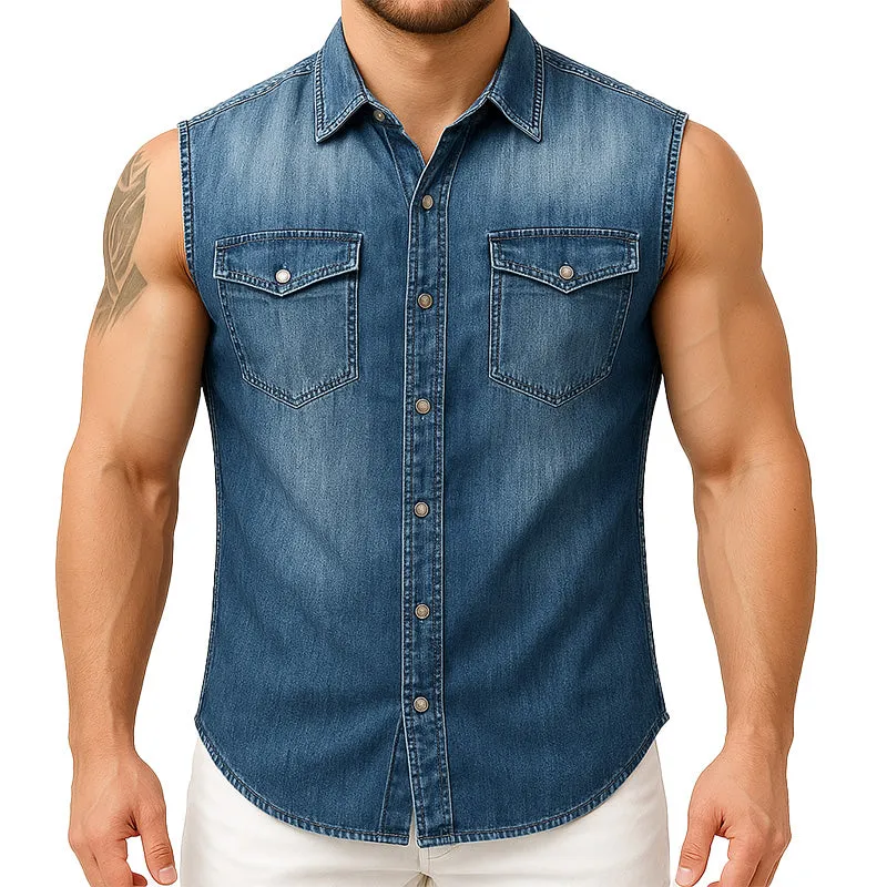 Men's Summer Western Cowboy Style Simple Washed Denim Sleeveless Shirt MTA1927E0P sold by Manly