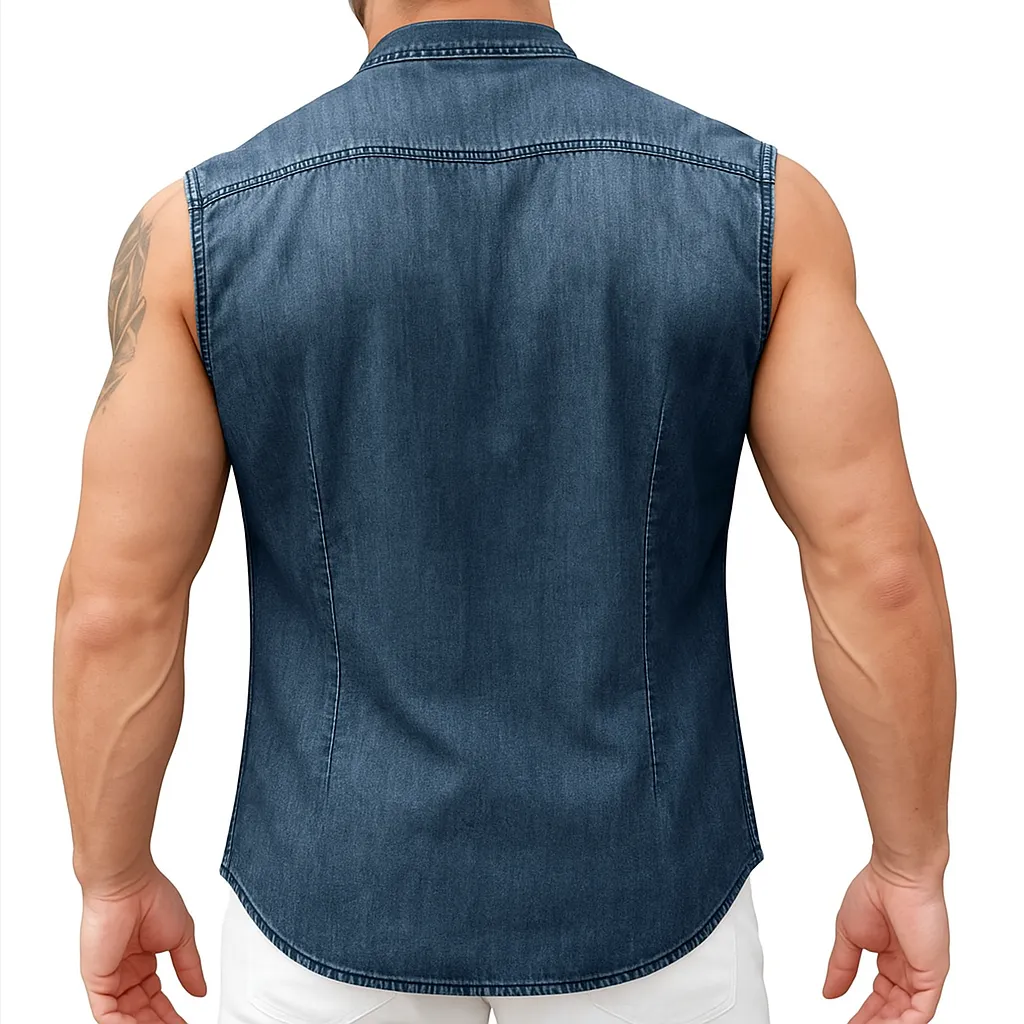 Men's Summer Western Cowboy Style Simple Washed Denim Sleeveless Shirt MTA1927E0P sold by Manly product image thumbnail 3