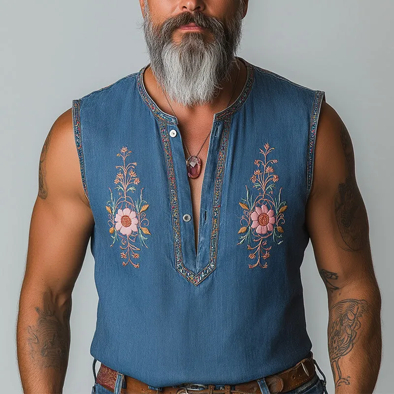 Men's Summer Western Cowboy Style Embroidered Washed Denim Sleeveless Shirt MTA1988E5P sold by Manly product image thumbnail 2