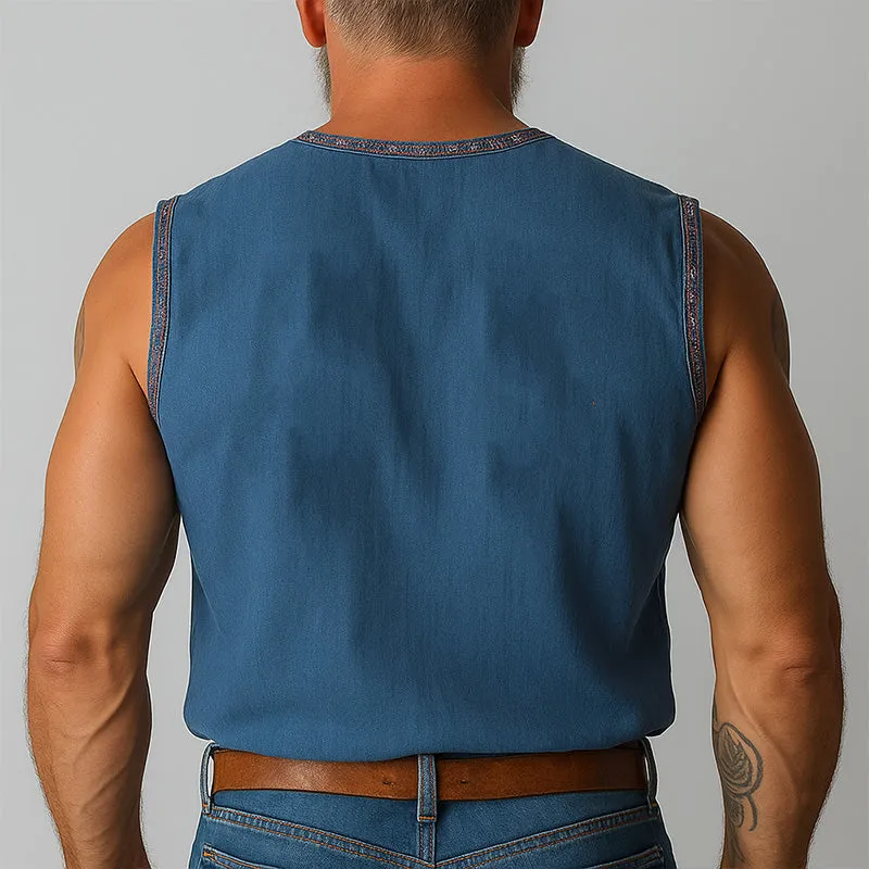 Men's Summer Western Cowboy Style Embroidered Washed Denim Sleeveless Shirt MTA1988E5P sold by Manly product image thumbnail 3