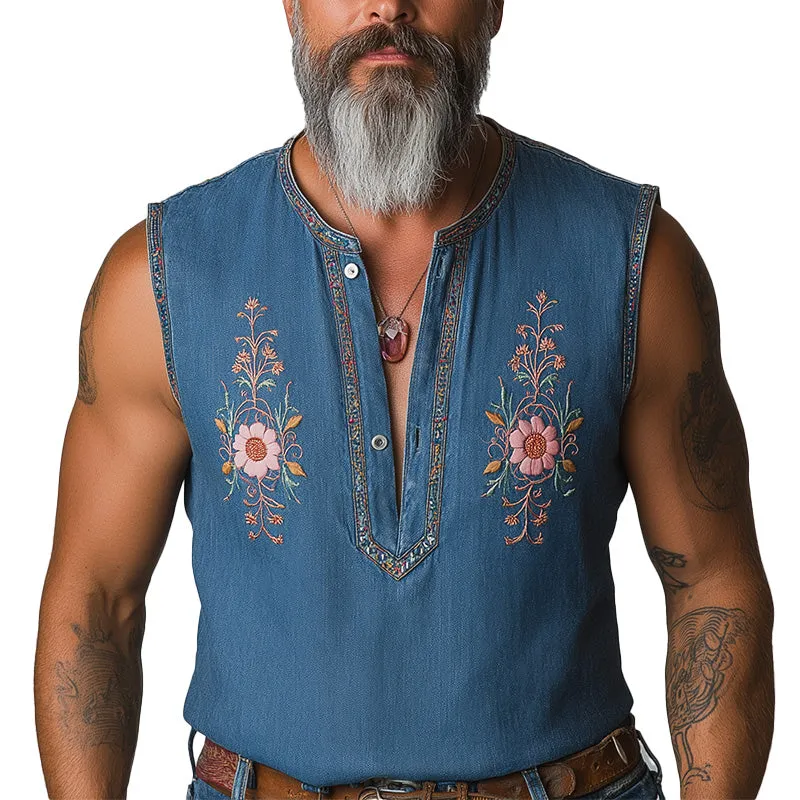 Men's Summer Western Cowboy Style Embroidered Washed Denim Sleeveless Shirt MTA1988E5P sold by Manly