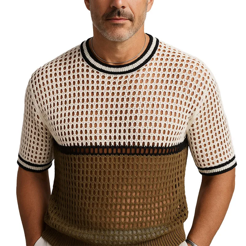 Men's Summer Simple Contrast Color Knitted Hollow Short-Sleeved T-Shirt MTA2082E0P sold by Manly