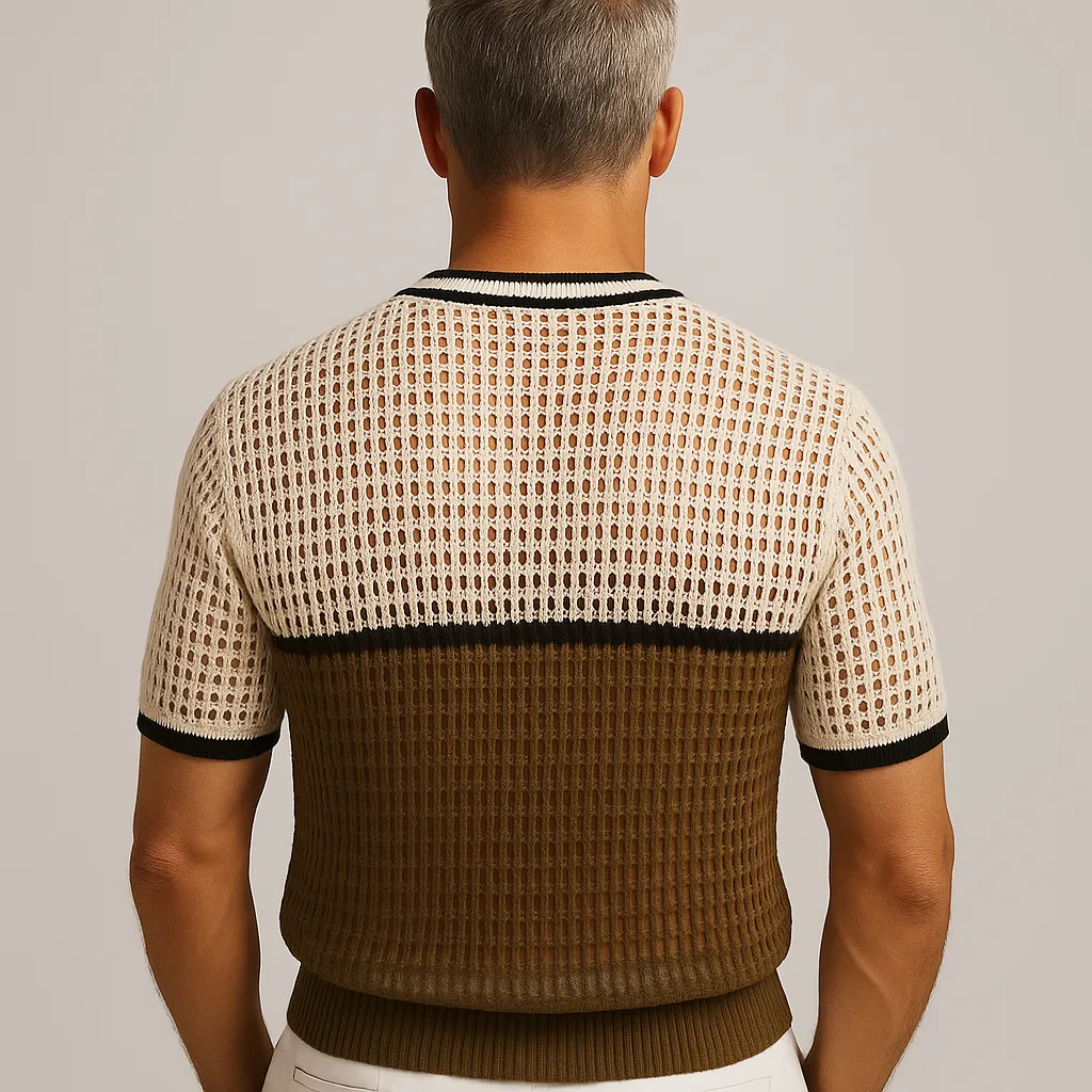 Men's Summer Simple Contrast Color Knitted Hollow Short-Sleeved T-Shirt MTA2082E0P sold by Manly product image thumbnail 3