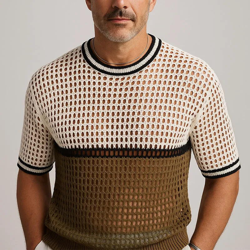 Men's Summer Simple Contrast Color Knitted Hollow Short-Sleeved T-Shirt MTA2082E0P sold by Manly product image thumbnail 2