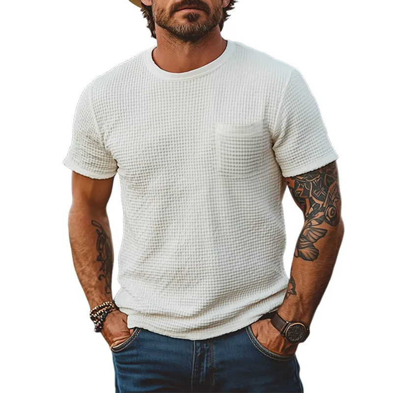 Men's Classic Casual Tough Style Round Neck Patch Pocket Waffle Short Sleeve T-shirt MTA2418E8K sold by Manly