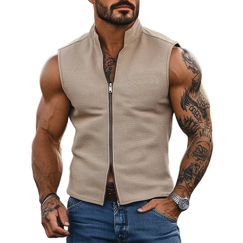 Men's Fashion Retro Casual Tough Style Stand Collar Zipper Slim Fit Waffle Sleeveless Shirt MTA2445E8K sold by Manly