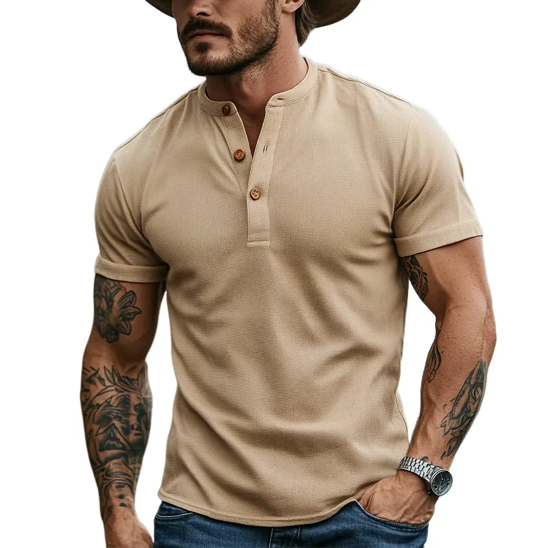 Men's Classic Casual American Western Style Tough Guy Henley Collar Waffle Short Sleeve T-shirt MTA2496E9K sold by Manly