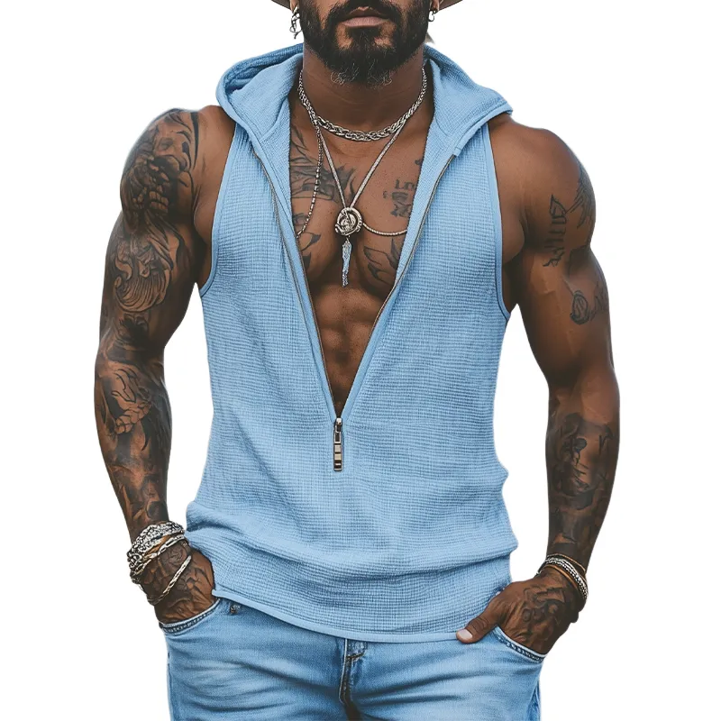 Men's Classic Retro Casual American Western Tough Guy Style Waffle Hooded Deep V-neck Tank Top MTA2490E9K sold by Manly