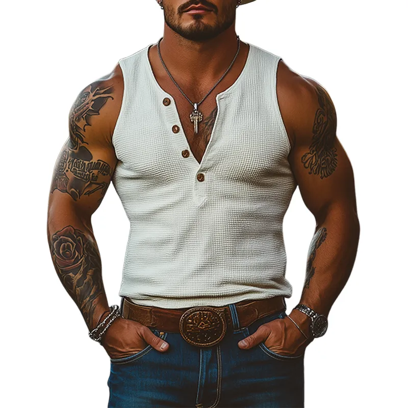 Men's Classic Casual American Western Tough Style Waffle Slim Fit Deep V-neck Tank Top MTA2468E5K sold by Manly