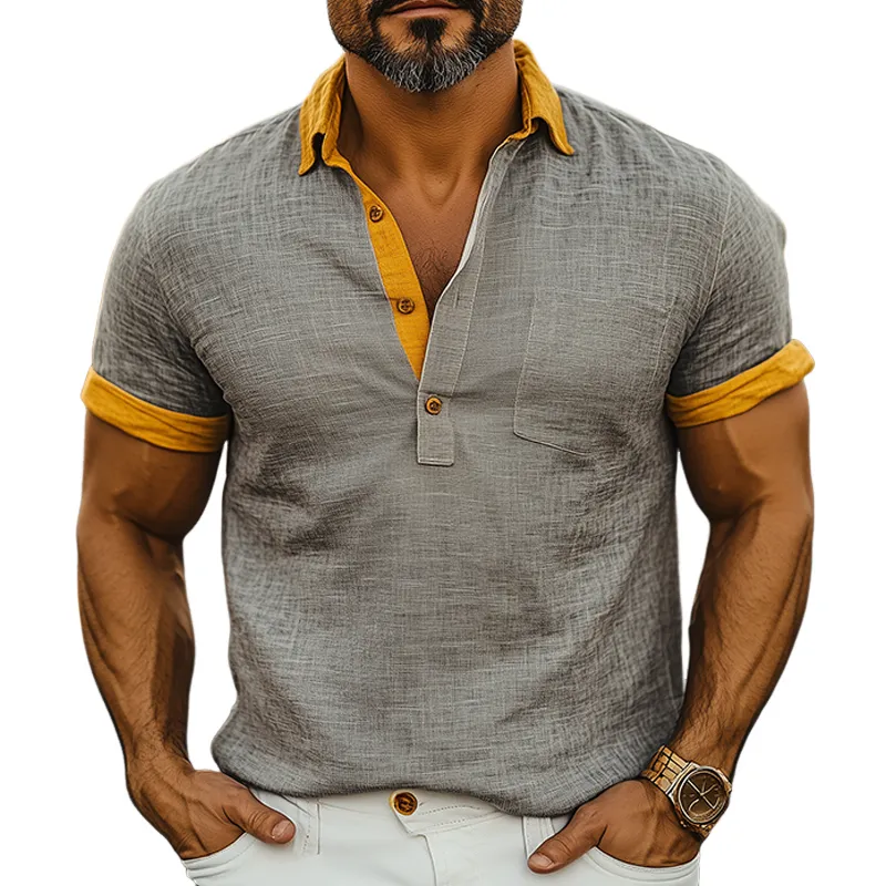 Men's Classic Casual American Retro Tough Style Cotton And Linen Contrast Color Stitching Short-sleeved Polo Shirt MTA2454E1K sold by Manly