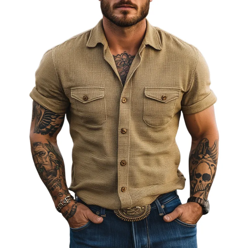 Men's Classic Retro Casual American Western Tough Guy Style Waffle Short Sleeve Shirt MTA2496E4K sold by Manly