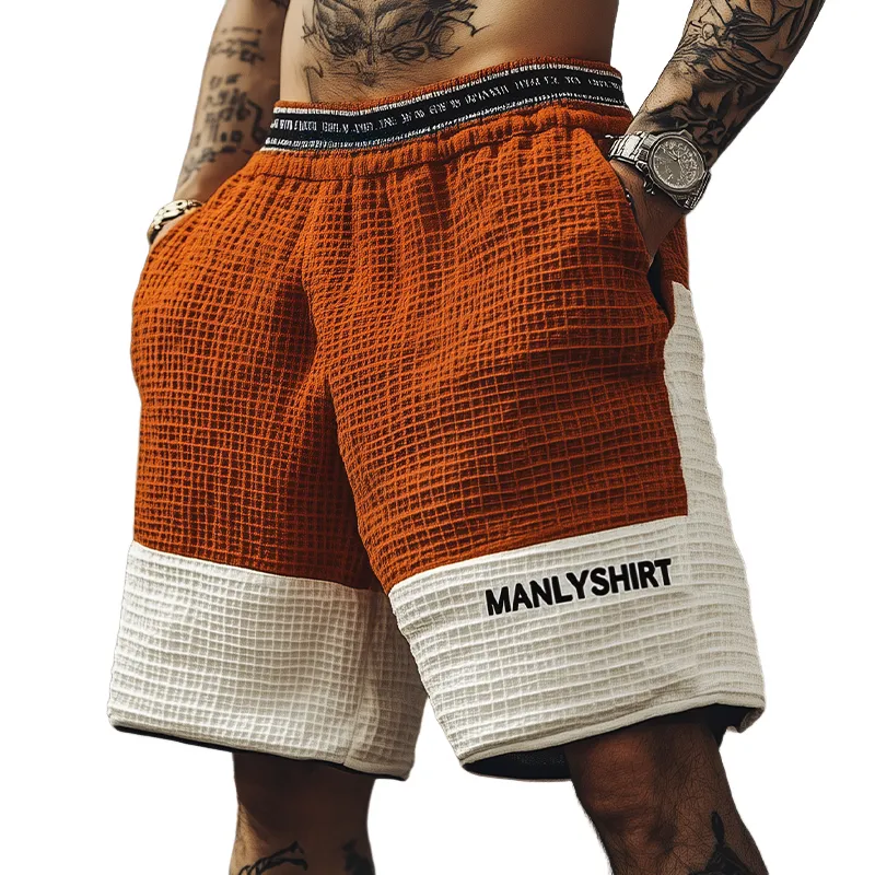 Men's Classic Casual Tough Style Waffle Fabric Stitching Letter Embroidery Eastic Waist Shorts MTA2479E1K sold by Manly