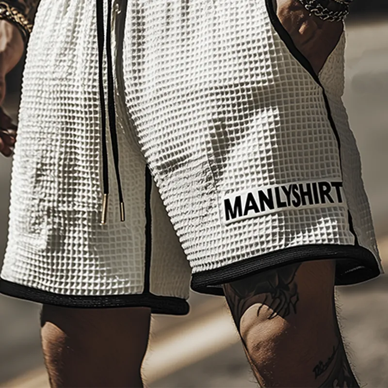 Men's Classic Casual Tough Style Waffle Black And White Stitching Letter Embroidery Elastic Waist Shorts MTA2418E9K sold by Manly product image thumbnail 5