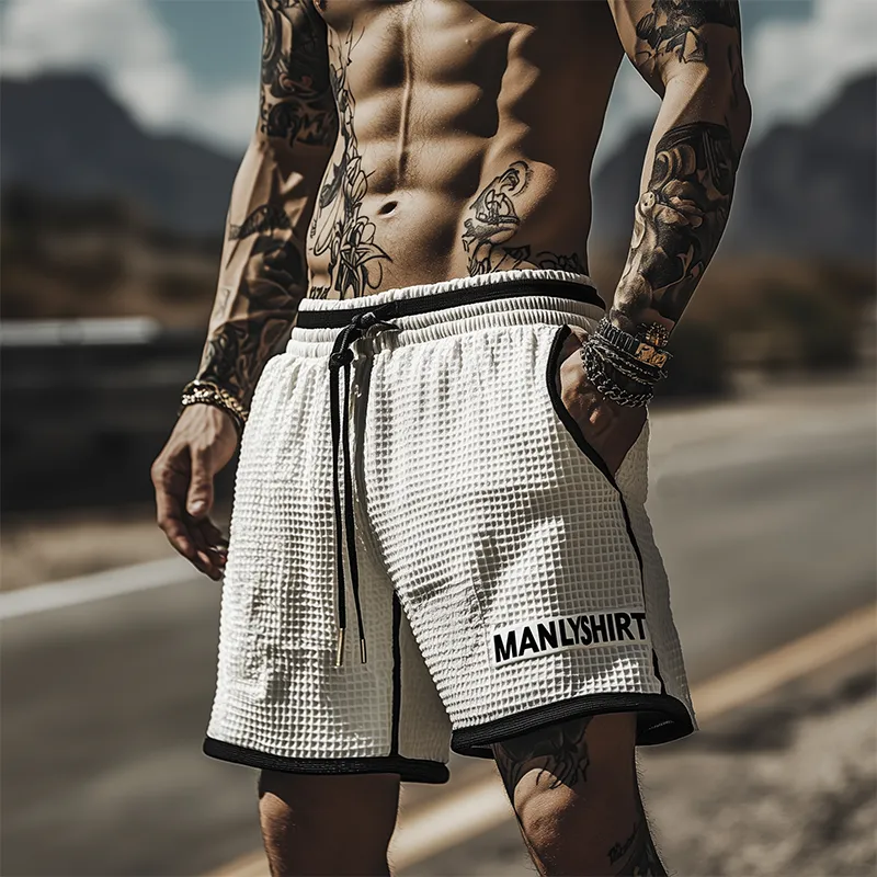 Men's Classic Casual Tough Style Waffle Black And White Stitching Letter Embroidery Elastic Waist Shorts MTA2418E9K sold by Manly product image thumbnail 3