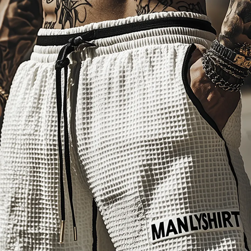 Men's Classic Casual Tough Style Waffle Black And White Stitching Letter Embroidery Elastic Waist Shorts MTA2418E9K sold by Manly product image thumbnail 4