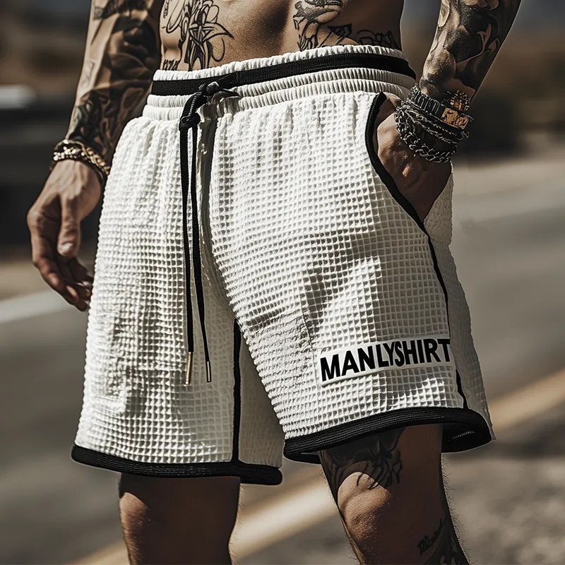 Men's Classic Casual Tough Style Waffle Black And White Stitching Letter Embroidery Elastic Waist Shorts MTA2418E9K sold by Manly product image thumbnail 2