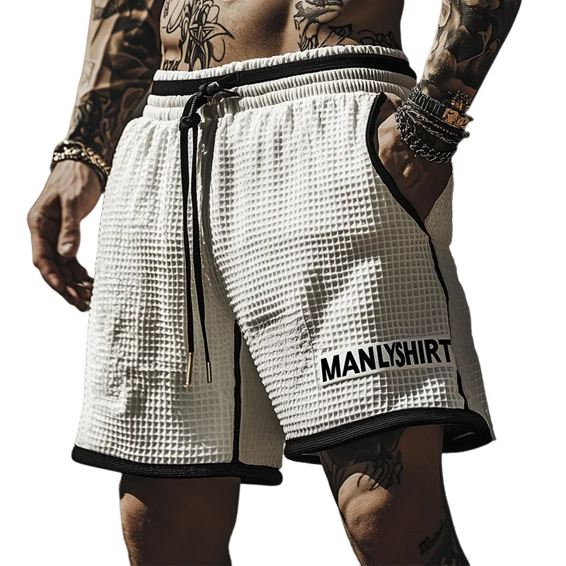 Men's Classic Casual Tough Style Waffle Black And White Stitching Letter Embroidery Elastic Waist Shorts MTA2418E9K sold by Manly