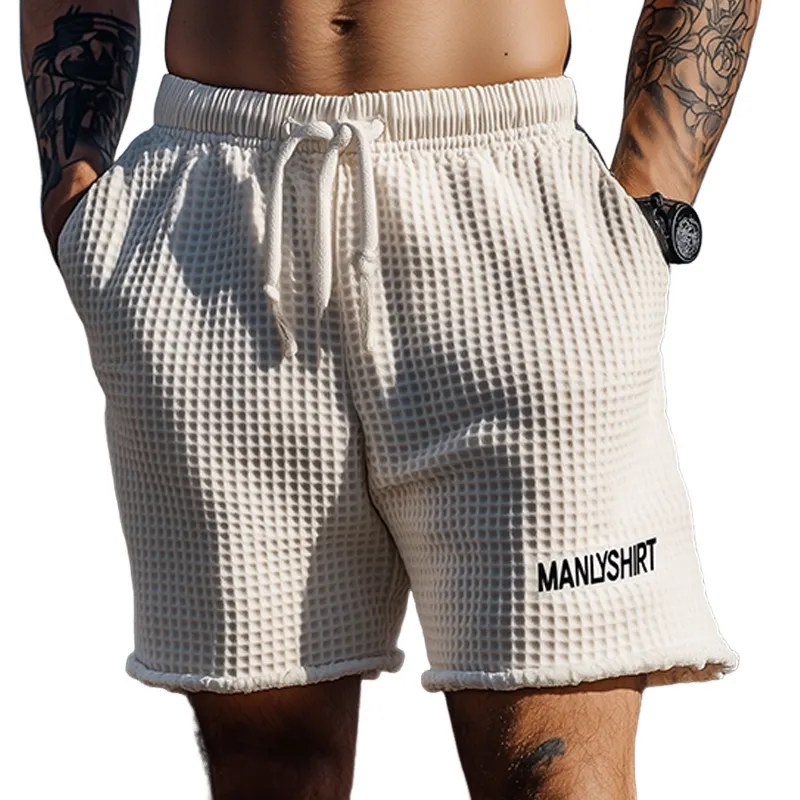 Men's Classic Casual Tough Style Waffle Letter Embroidery Elastic Waist Shorts MTA2481E8K sold by Manly